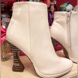Betsey Johnson “Averie” white patent rhinestone heel booties